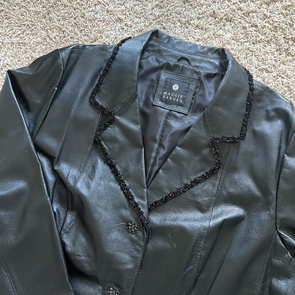 MAGGIE BARNES Genuine Leather Blazer Jacket Coat Beaded Trim Rock Chic Y2k Sz XL